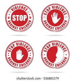 grunge rubber stop violence against children sign in red color on hand set illustration