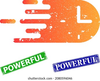 Grunge rush time icon and rectangular corroded Powerful seal stamp. Vector green Powerful and blue Powerful watermarks with unclean rubber texture, designed for rush time illustration.