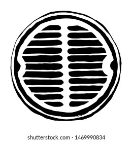 Grunge rust safety well system plate on white avenue way backdrop. Outline black hand drawn rusty shape logo icon design in vintage art doodle engrave cartoon style on paper text space. Close up view