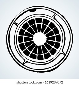 Grunge rust safety well system plate on white avenue way backdrop. Outline black hand drawn rusty shape logo icon design in vintage art doodle engrave cartoon style on paper text space. Close up view