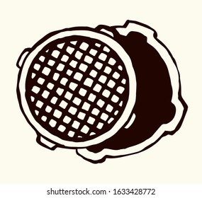 Grunge rust safety well system plate on white avenue way backdrop. Outline black hand drawn rusty shape logo icon design in vintage art doodle engrave cartoon style on paper text space. Close up view