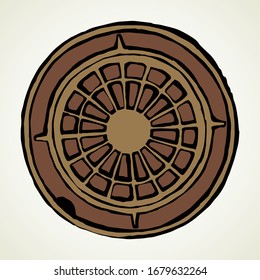 Grunge rust safety well system plate on white avenue way backdrop. Outline black hand drawn rusty shape logo icon design in vintage art doodle engrave cartoon style on paper text space. Close up view