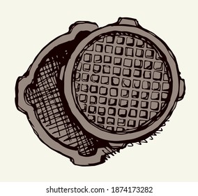 Grunge rust safety well system plate on white avenue way backdrop. Outline black hand drawn rusty shape logo icon design in vintage art doodle engrave cartoon style on paper text space. Close up view