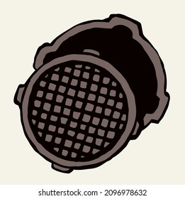 Grunge rust safety well system plate on white avenue way backdrop. Outline black hand drawn rusty shape logo icon design in vintage art doodle engrave cartoon style on paper text space. Close up view
