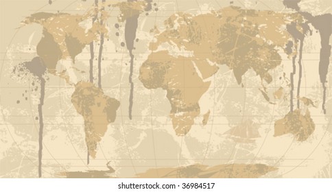 A Grunge, Rustic World Map. All elements and textures are individual objects. Vector illustration scale to any size.