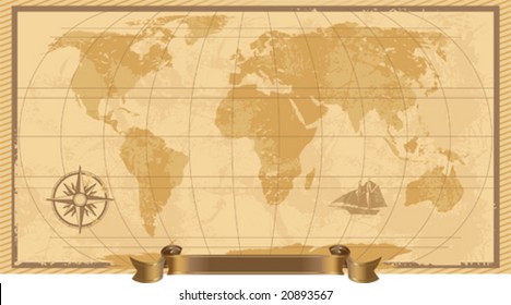 A grunge, rustic world map, vector illustration