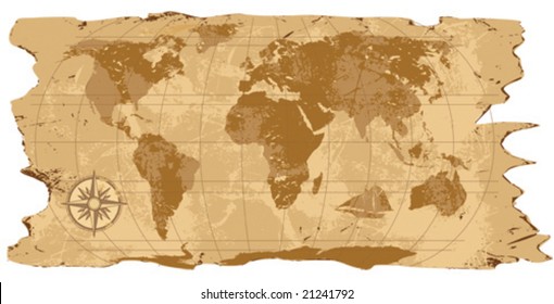 A grunge, rustic world map, vector illustration