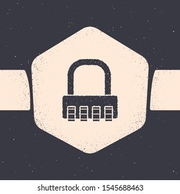 Grunge Safe combination lock icon isolated on grey background. Combination padlock. Security, safety, protection, password, privacy. Monochrome vintage drawing. Vector Illustration