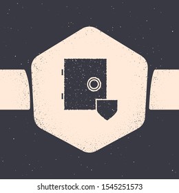 Grunge Safe with shield icon isolated on grey background. Insurance concept. Security, safety, protection, protect concept. Monochrome vintage drawing. Vector Illustration