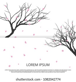 Grunge sakura silhouette and flying pink leaves. Romantic japanese vector banner template illustration