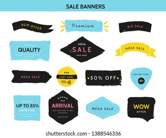 Grunge sale badge collection. Discount price offer set with place for text. Promo coupon labels