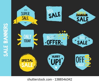 Grunge sale badge collection. Discount price offer set with place for text. Promo coupon labels