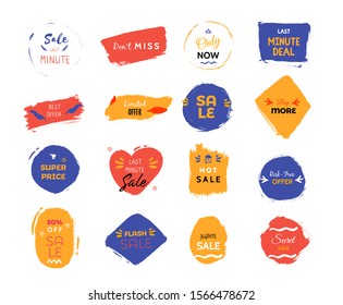 Grunge sale badge collection. Discount price offer set with place for text. Promo coupon labels