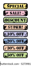 Grunge sale discount labels, vector illustration