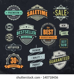 Grunge sale emblems. Set of retro styled trade badges on dirty black background. Vector illustration.