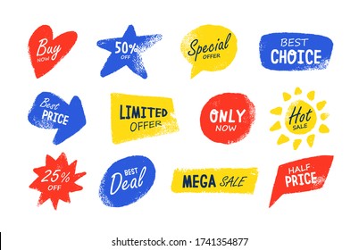 Grunge sale flat badges set. Special offer, discount price and promo banners and elements isolated vector illustration collection. Promotion and shopping concept