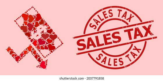 Grunge Sales Tax stamp seal, and red love heart pattern for dollar down trend. Red round stamp seal contains Sales Tax text inside circle.