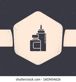 Grunge Sauce bottle icon isolated on grey background. Ketchup, mustard and mayonnaise bottles with sauce for fast food. Monochrome vintage drawing. Vector Illustration