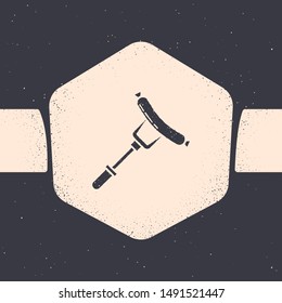 Grunge Sausage on the fork icon isolated on grey background. Grilled sausage and aroma sign. Monochrome vintage drawing. Vector Illustration