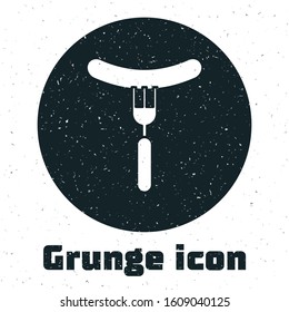Grunge Sausage on the fork icon isolated on white background. Grilled sausage and aroma sign.  Vector Illustration