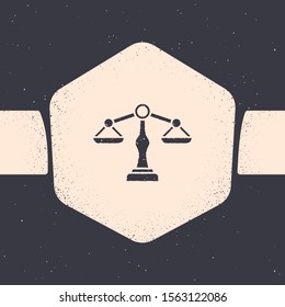 Grunge Scales of justice icon isolated on grey background. Court of law symbol. Balance scale sign. Monochrome vintage drawing. Vector Illustration