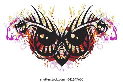 Grunge scary tribal owl eyes. Awful peaked owl's eyes created by the heads of aggressive dragons with colorful splashes, red hearts and asterisks