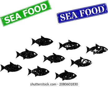 Grunge school of fish icon and rectangular corroded Sea Food seal stamp. Vector green Sea Food and blue Sea Food imprints with scratched rubber texture, designed for school of fish illustration.