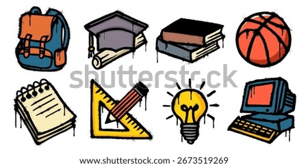 Grunge school graffiti icon set with backpack, graduation hat, book, basketball, notepad, ruler, pencil, light bulb, and computer. Hand drawn vector illustration in urban street art style