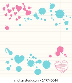 Grunge  school vector banner with spots of colors. Vintage scholl background. School motifs on the notobook leaf