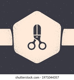 Grunge Scissors hairdresser icon isolated on grey background. Hairdresser, fashion salon and barber sign. Barbershop symbol. Monochrome vintage drawing. Vector