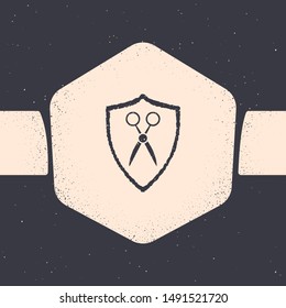 Grunge Scissors hairdresser and shield icon isolated on grey background. Hairdresser, fashion salon and barber sign. Barbershop symbol. Monochrome vintage drawing. Vector Illustration