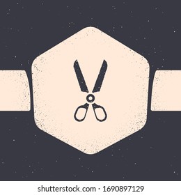 Grunge Scissors icon isolated on grey background. Cutting tool sign. Monochrome vintage drawing. Vector Illustration