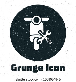 Grunge Scooter with screwdriver and wrench icon isolated on white background. Adjusting, service, setting, maintenance, repair, fixing.  Vector Illustration