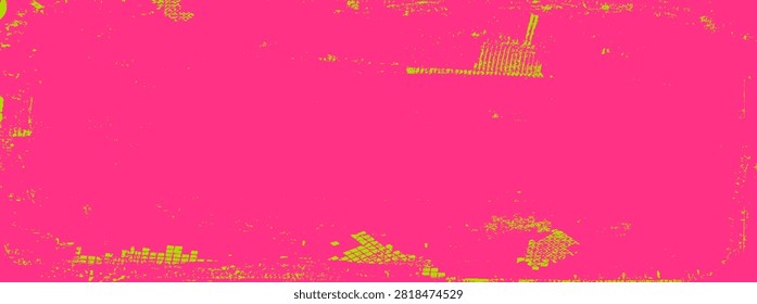 Grunge scratch backdrop texture with distress noise background dirty grain and effect. Pink and lime green dusty layer with rough scratched marks. Vector grungy worn backdrop for neon poster