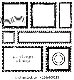 Grunge scratched rectangle and square dirt postage stamps, with a shadow isolated on white background. Vector frame border