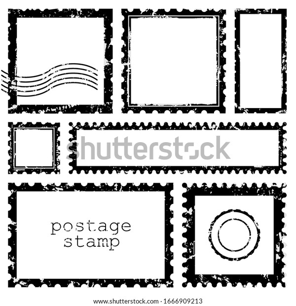 Grunge\
scratched rectangle and square dirt postage stamps, with a shadow\
isolated on white background. Vector frame\
border