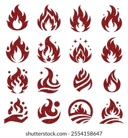 Grunge scratched texture style set of fire flames vector icons Logo