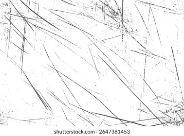 Grunge scratched texture vector. Distressed abstract background with chaotic scratch lines. Black edgy rough damage pattern on white backdrop.
