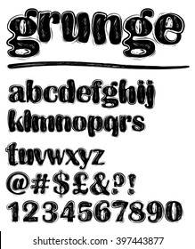 Grunge scratchy lowercase black and white alphabet set, numbers, question mark, exclamation mark, at sign, hash tag, dollar sign, pound sign, uppercase set available in portfolio too