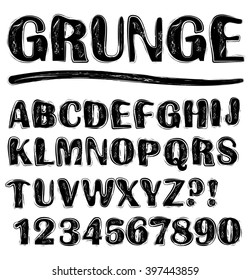 Grunge scratchy uppercase black and white alphabet set, numbers, question mark, exclamation mark, lowercase set available in portfolio too