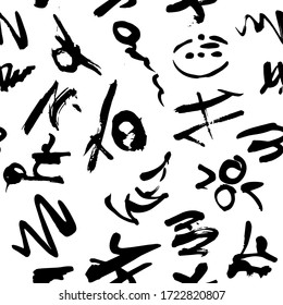Grunge Schrott Bürste Textur. Abstrakter Pinselstrich raues, nahtloses Muster. Schwarz-Weiß-Pinselstriche. Scribbles, freehand gemalt Hintergrund. Einfarbiges, handgezeichnetes Design für Drucke. Vektorgrafik
