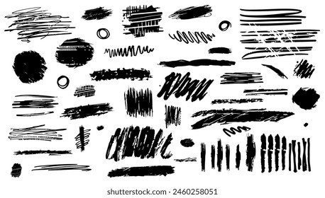 Grunge scrawls, charcoal scribbles black set. Doodle abstract design and marker pen. Shape sketch and graphic mark collection. Underline stripe and textured brushstroke pattern