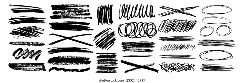 Grunge scrawls, charcoal scribbles, rough brush strokes, underlines and circles. Bold charcoal freehand stripes and ink shapes. Crayon or marker scribbles. Vector illustration