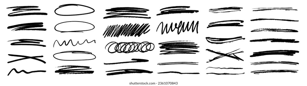 Grunge scrawls, charcoal scribbles, rough brush strokes, underlines and circles. Bold charcoal freehand stripes and ink shapes. Crayon or marker scribbles. Vector illustration