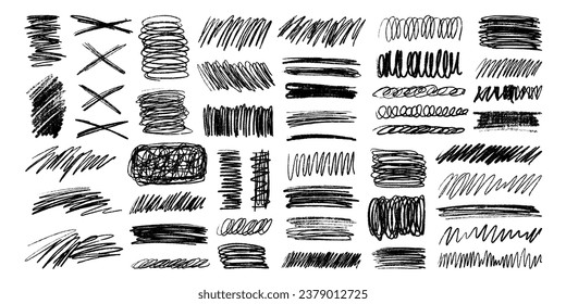 Grunge scrawls, charcoal scribbles, rough brush strokes, underlines and circles. Bold charcoal freehand stripes and ink shapes. Crayon or marker scribbles. Vector illustration