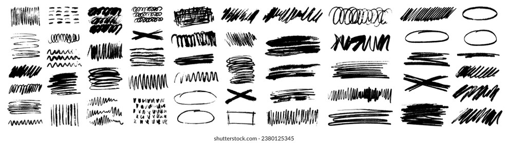 Grunge scrawls, charcoal scribbles, rough brush strokes, underlines and circles. Bold charcoal freehand stripes and ink textures. Crayon or marker scribbles. Vector illustration