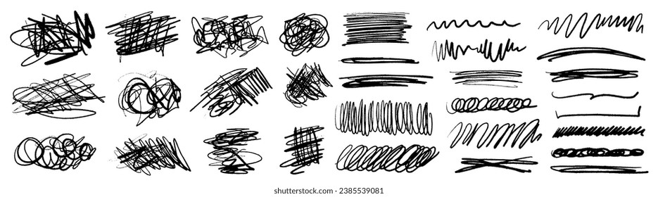 Grunge scrawls, charcoal scribbles, rough brush strokes, underlines and circles. Bold charcoal freehand stripes and ink shapes. Crayon or marker scribbles. Vector illustration