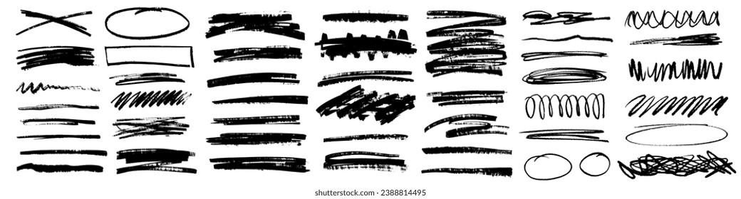 Grunge scrawls, charcoal scribbles, rough brush strokes, underlines and circles. Bold charcoal freehand stripes and ink shapes. Crayon or marker scribbles. Vector illustration