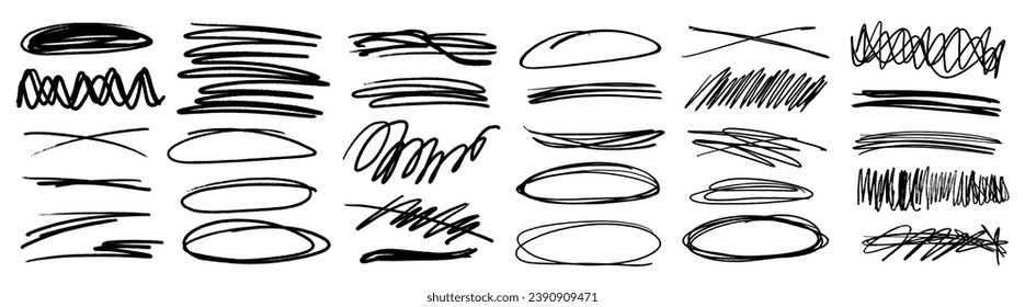 Ropa de garrapatas, garabatos de carbón vegetal, pinceladas bruscas, subrayado y círculos. Audaces rayas de carbón libre y formas de tinta. Garabatos de rayón o de marcador. Ilustración del vector