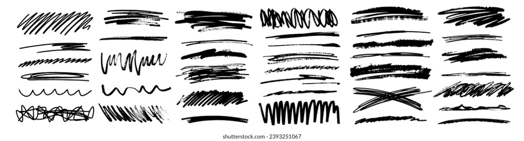 Grunge scrawls, charcoal scribbles, rough brush strokes, underlines and circles. Bold charcoal freehand stripes and ink shapes. Crayon or marker scribbles. Vector illustration
